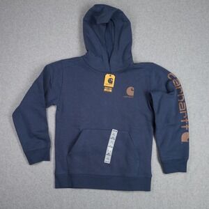 Carhartt Hoodie Boys M 10/12 Dark Denim Graphic Sweatshirt CA6772T Logo Sleeve